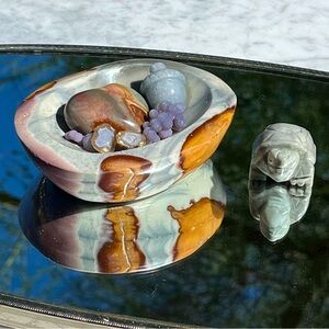 Polychrome Jasper Dish, Grape Agate Jasper Heart, Tabasco Geode, Carved Tortoise